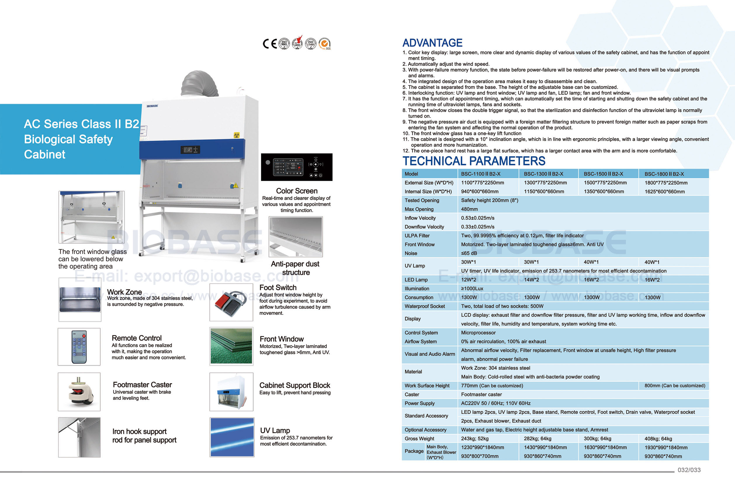 32-33 AC Series Clase II B2 Gabinete de seguridad biológica BSC-1100 II B2-X y BSC-1300 II B2-X y BSC-1500 II B2-X y BSC-1800 II B2-X