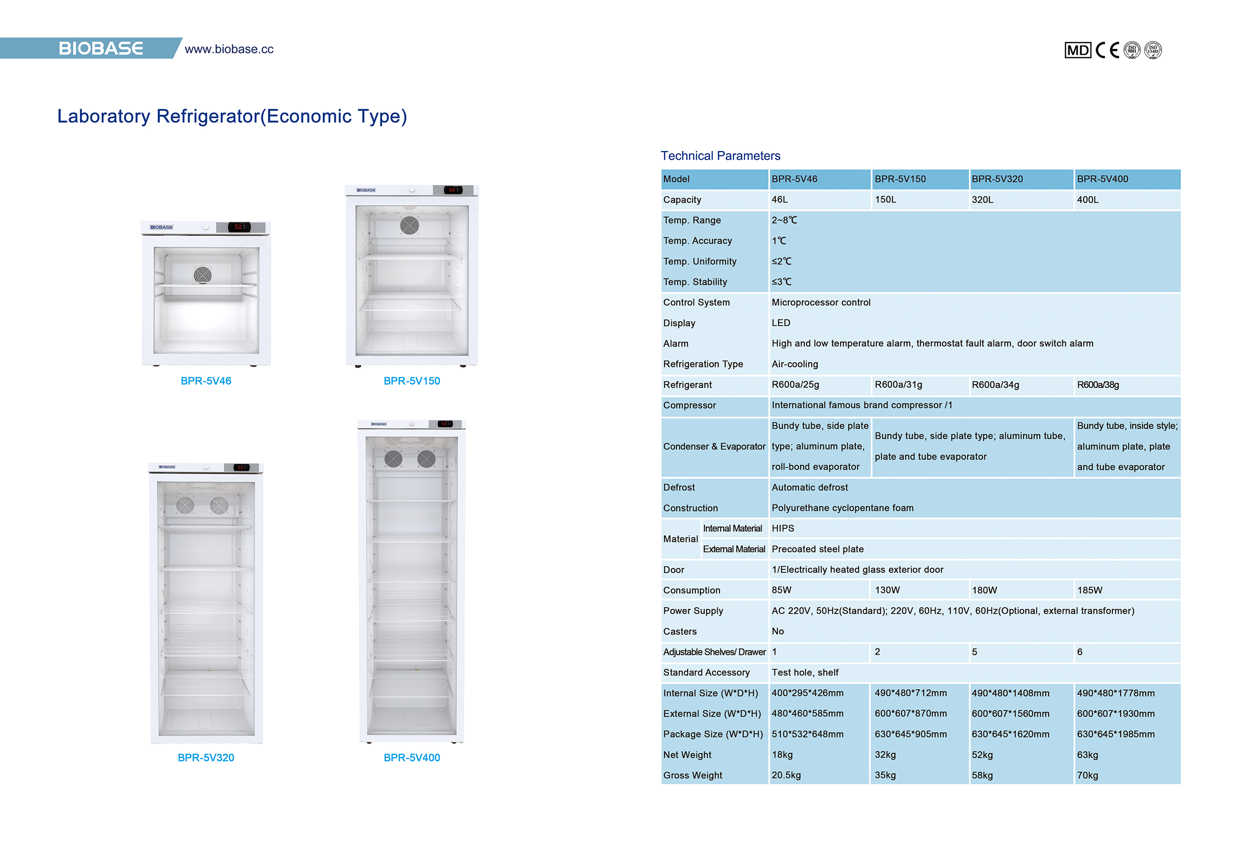 Refrigerador de laboratorio (tipo económico) BPR-5V46 BPR-5V150 BPR-5V320 BPR-5V400