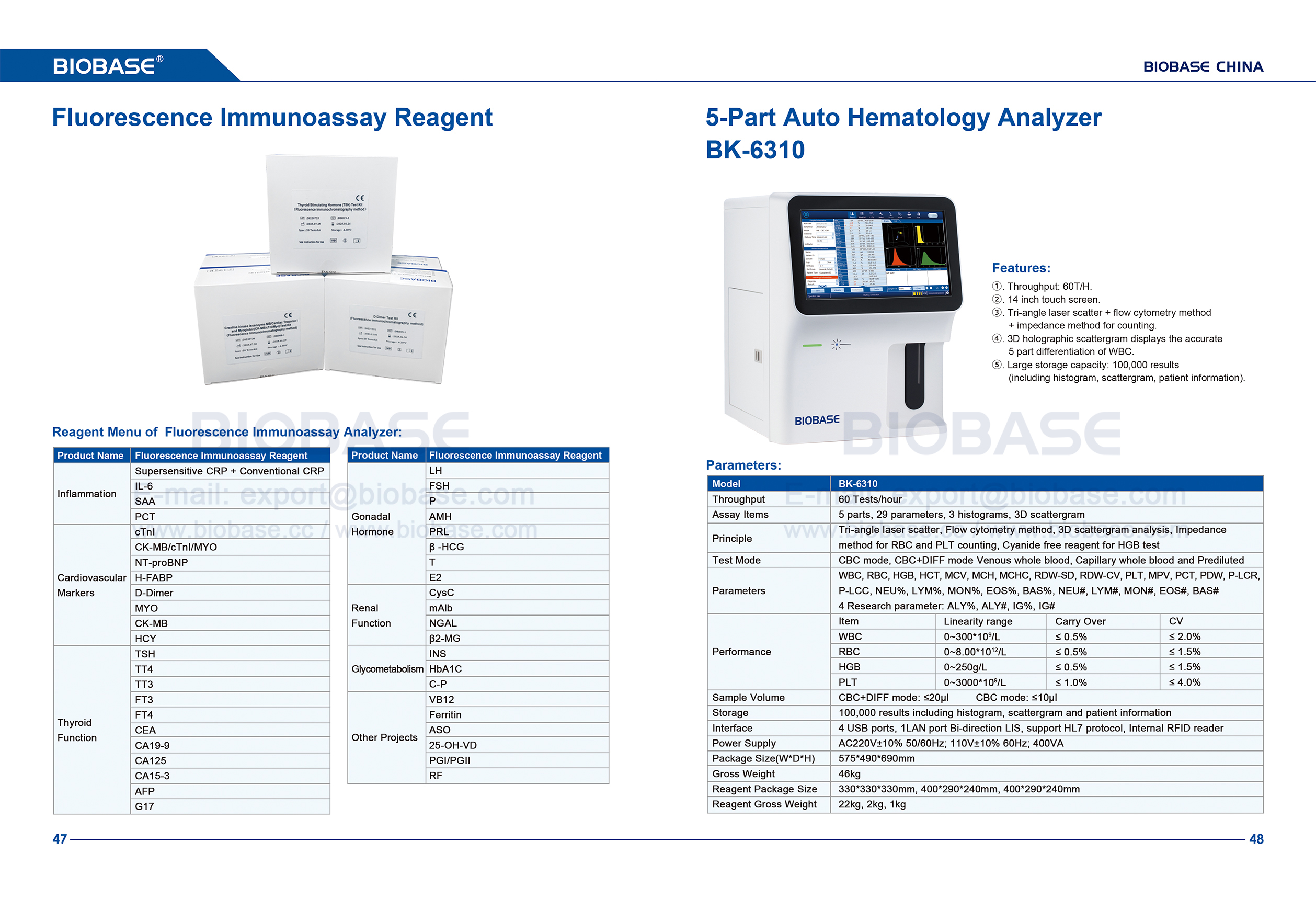 47-48 Reactivo de inmunoensayo de fluorescencia y analizador de hematología automotriz de 5 partes BK-6310