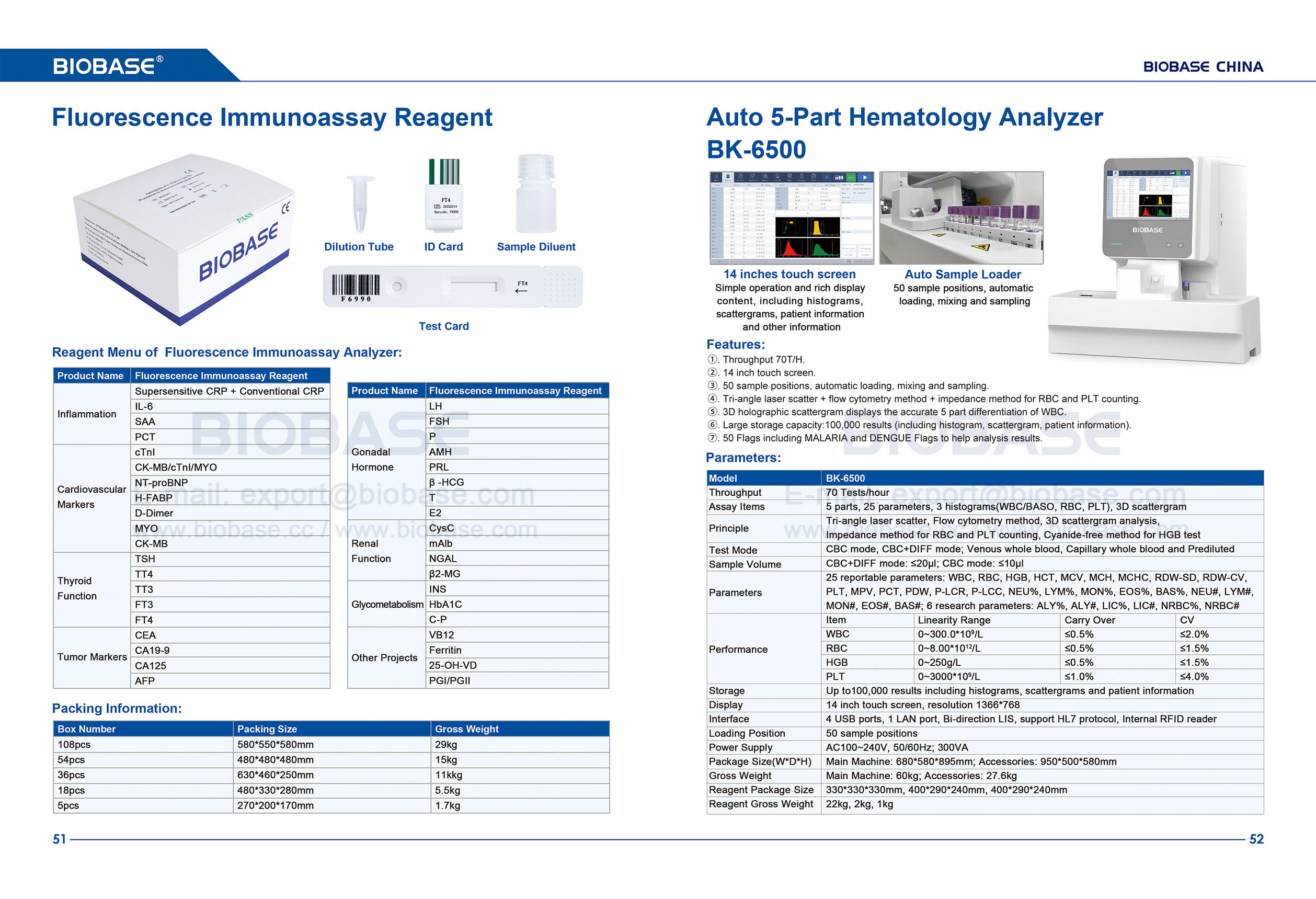 51-52 Reactivo de inmunoensayo de fluorescencia y analizador de hematología de 5 partes Auto BK-6500