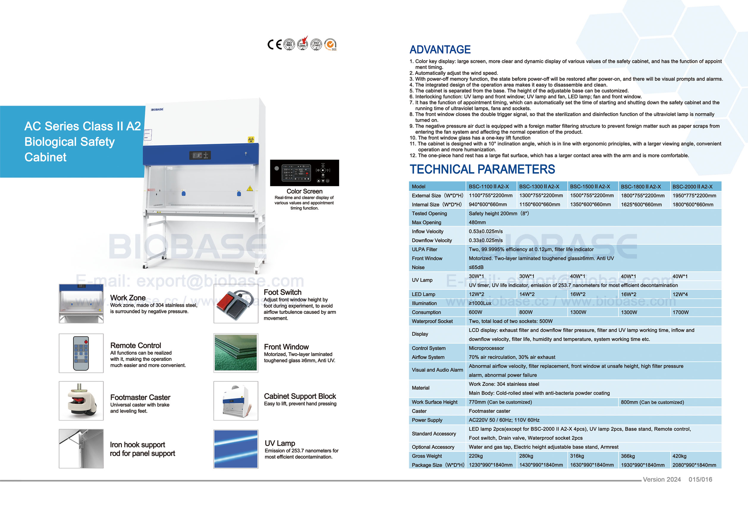 15-16 Gabinete de seguridad biológica Serie AC Clase II A2 BSC-1100 II A2-X y BSC-1300 II A2-X y BSC-1300 II A2-X y BSC-1800 II A2-X y BSC-2000 II A2-X