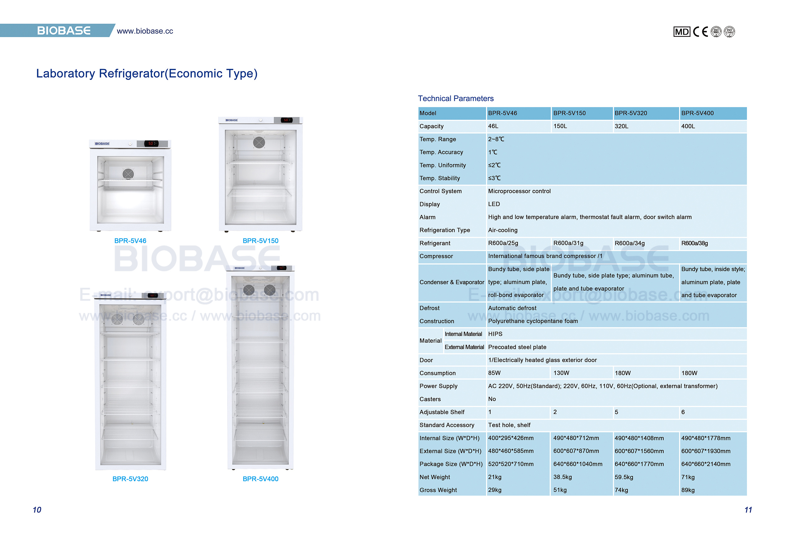10-11 Refrigerador de laboratorio (tipo económico) BPR-5V46 BPR-5V150 BPR-5V320 BPR-5V400