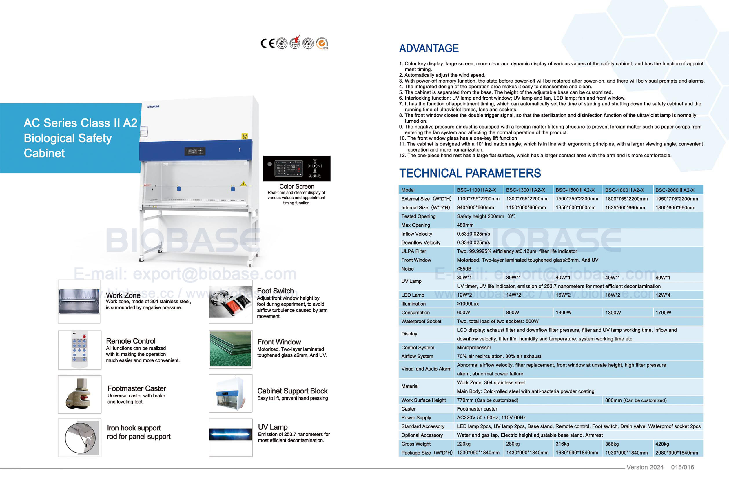 15-16 Gabinete de seguridad biológica Serie AC Clase II A2 BSC-1100 II A2-X y BSC-1300 II A2-X y BSC-1300 II A2-X y BSC-1800 II A2-X y BSC-2000 II A2-X