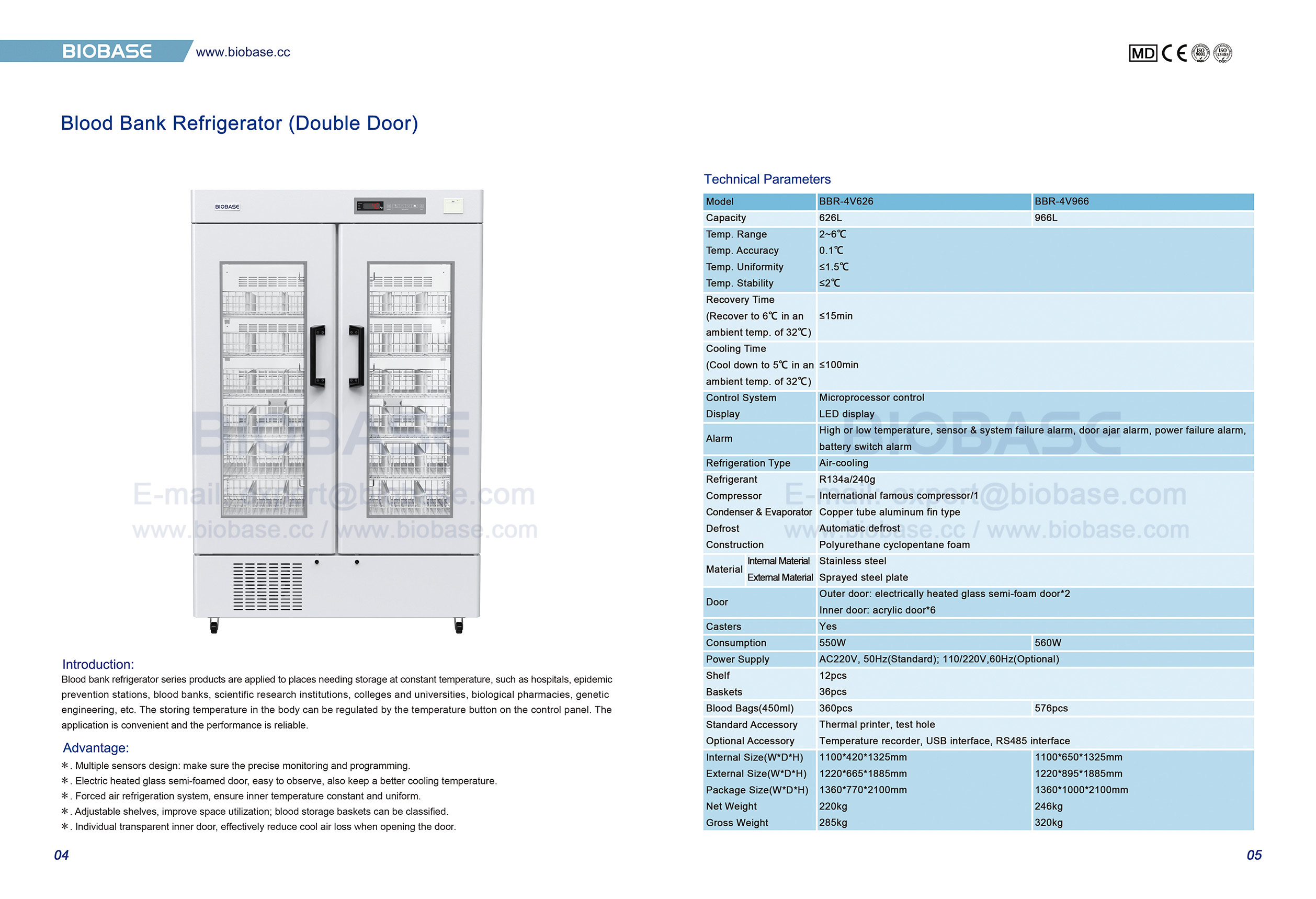 4-5 Refrigerador del banco de sangre (puerta doble) BBR- 4V626 y BBR-4V966