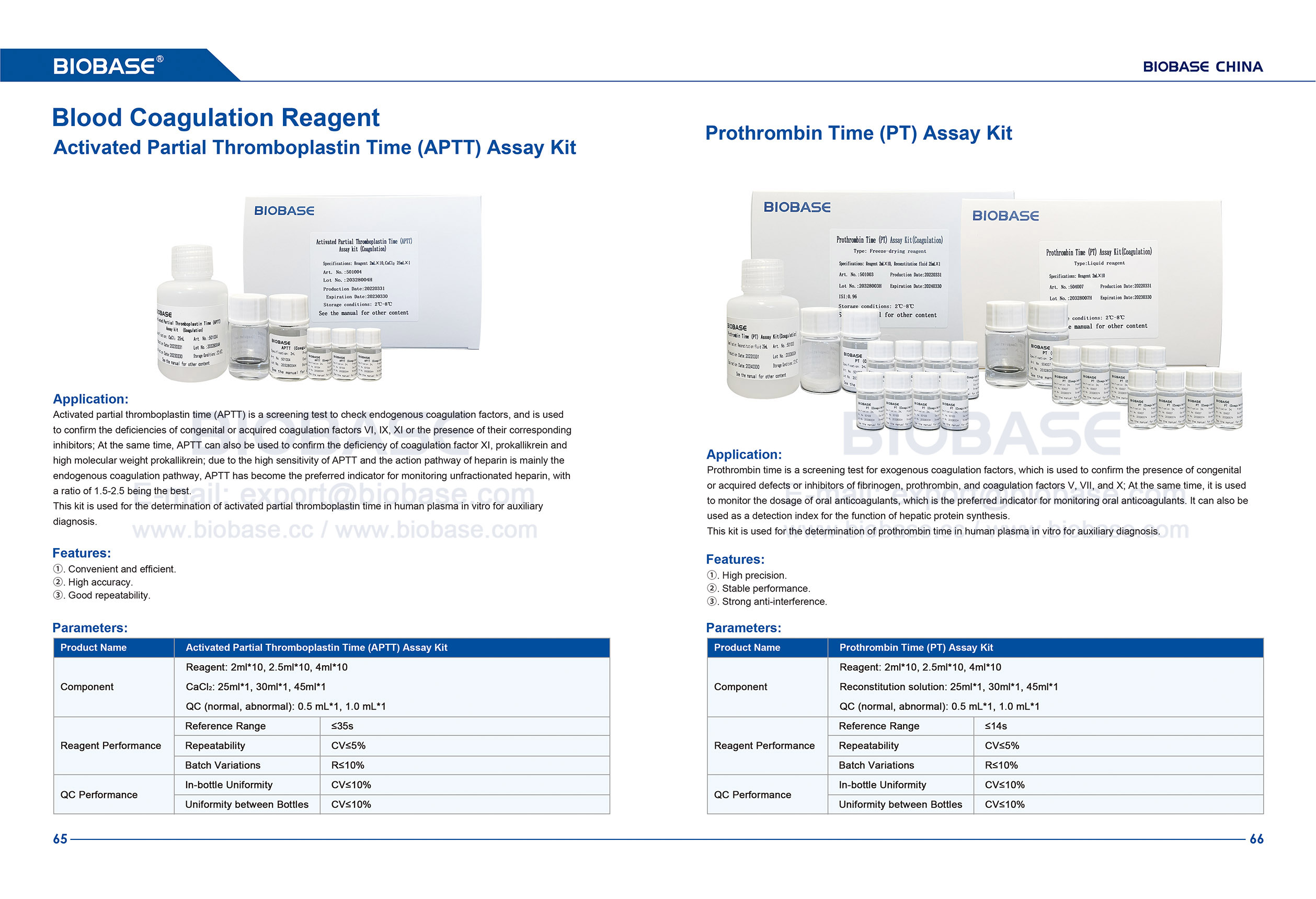 65-66 kit de ensayo de tiempo de tromboplastina parcial activado (APTT) y kit de ensayo de tiempo de protrombina (PT)
