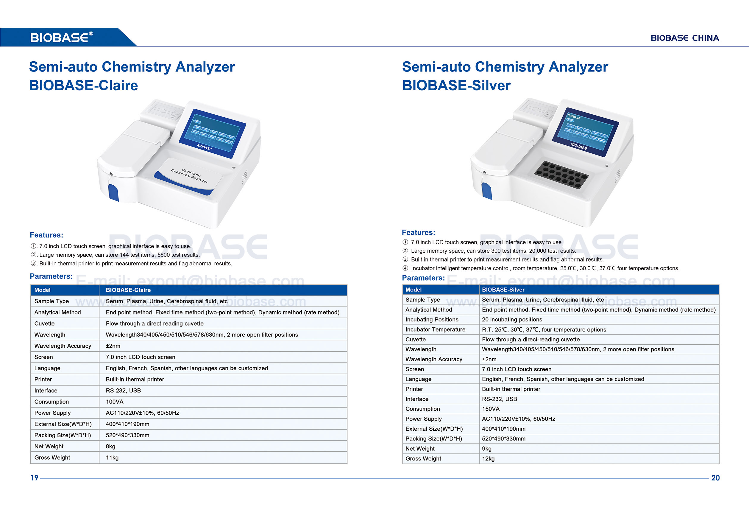 Analizador químico semiautomático 19-20 BIOBASE-Claire y BIOBASE-Silver