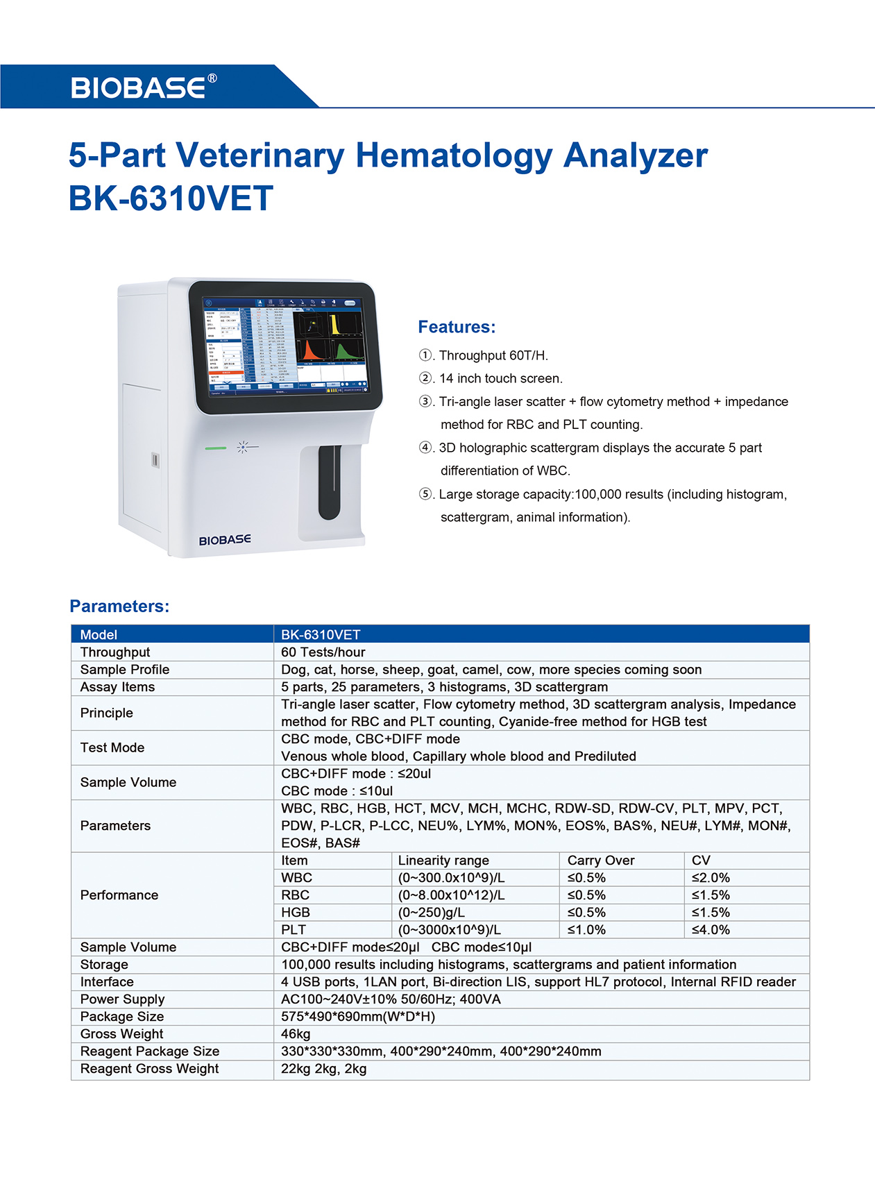 Analizador de hematología veterinaria de 5 partes BK-6310VET