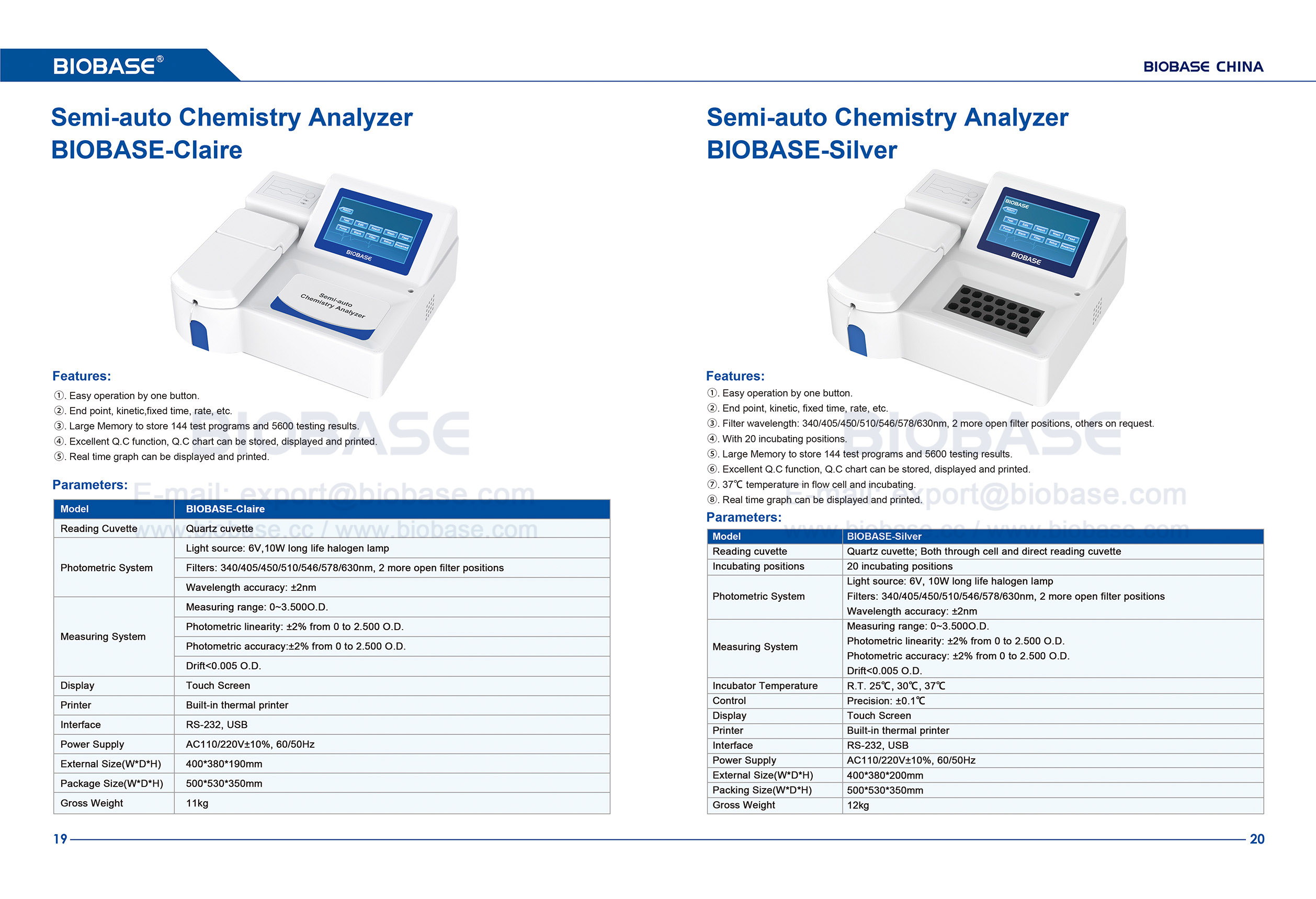 Analizador químico semiautomático 19-20 BIOBASE-Claire y BIOBASE-Silver