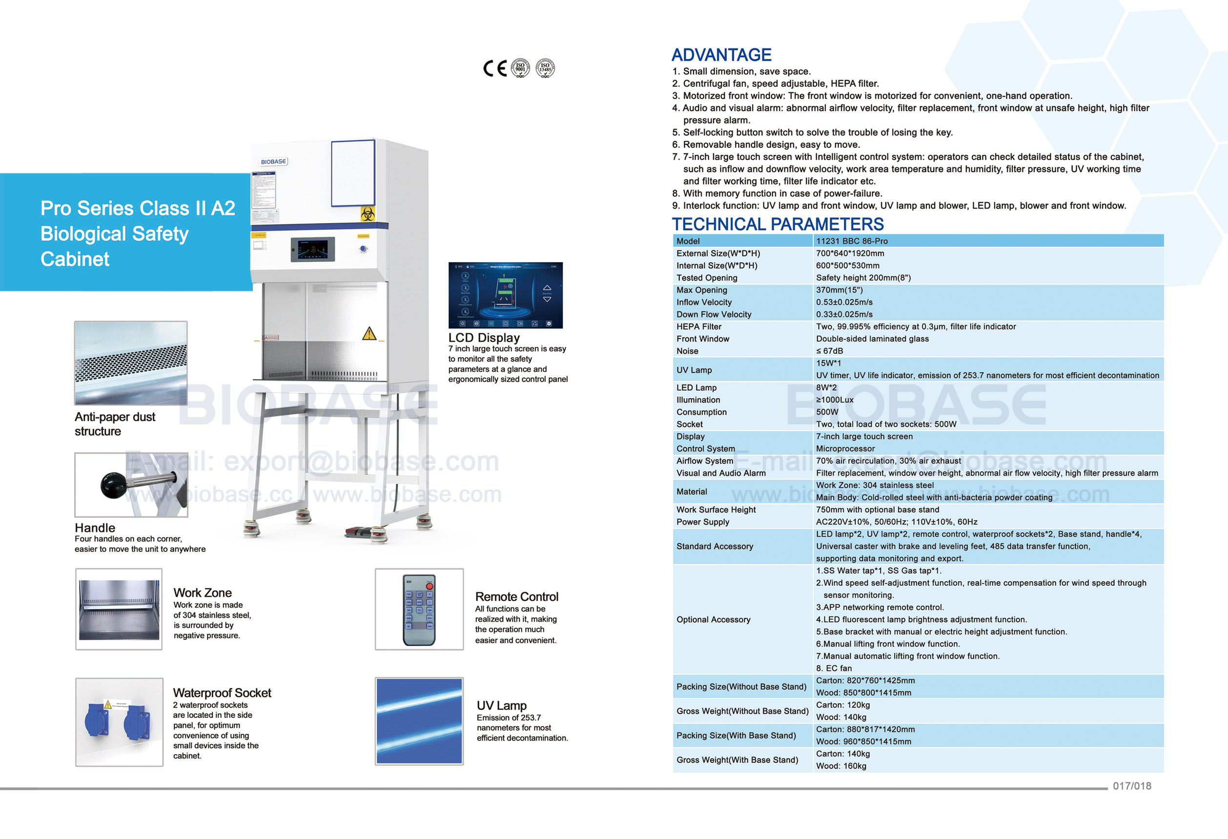 17-18 Pro Series Clase II A2 Gabinete de seguridad biol&oacute;gica 11231 BBC 86-Pro