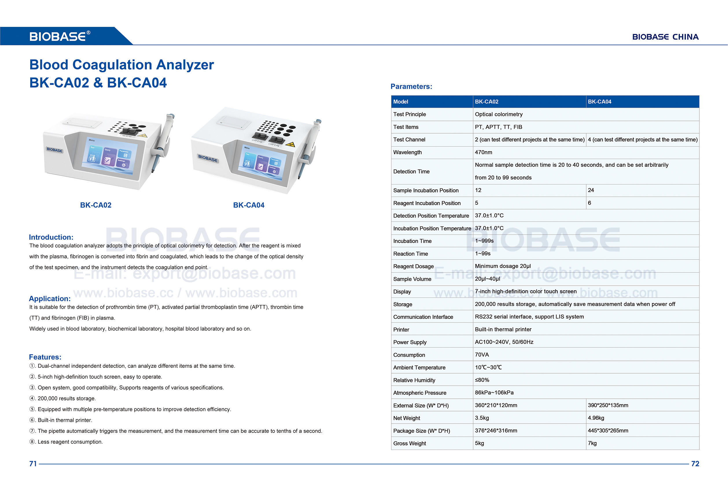 Analizador de coagulaci&oacute;n sangu&iacute;nea 71-72 BK-CA02 y CA04