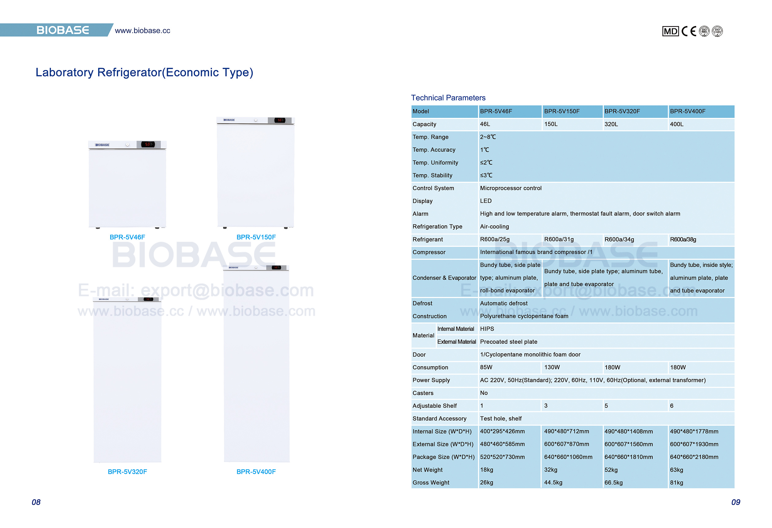 8-9 Refrigerador de laboratorio (tipo econ&oacute;mico) BPR-5V46F BPR-5V150F BPR-5V320F BPR-5V400F